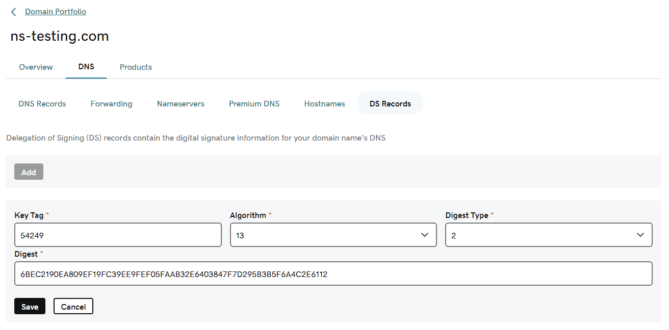 Figure 6: Creating DS records at the parent domain level. Figure 6: Creating DS records at the parent domain level.