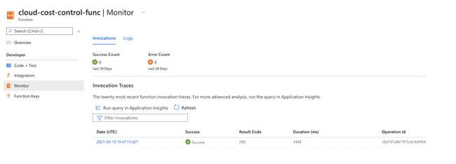 Function monitoring panel in Azure web GUI