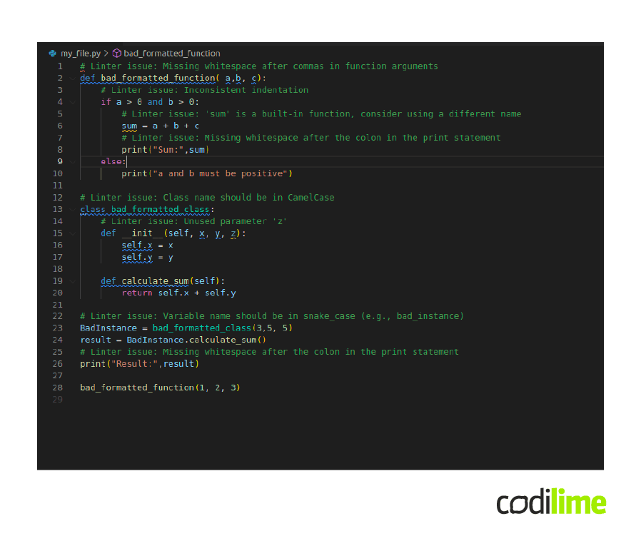 Fragment of code with highlighted linter issues Fragment of code with highlighted linter issues