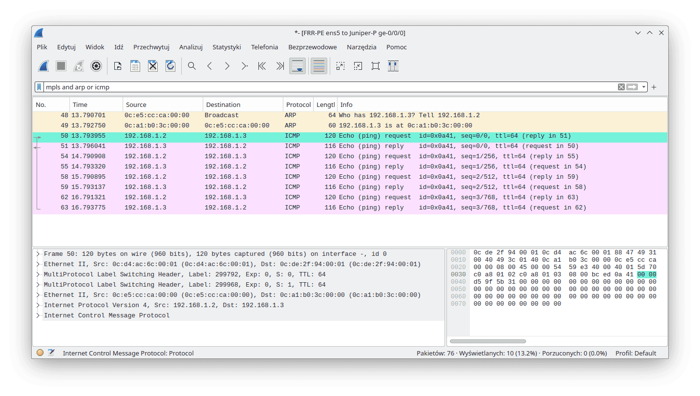 Wireshark capture  in VPWS scenario part 1/2