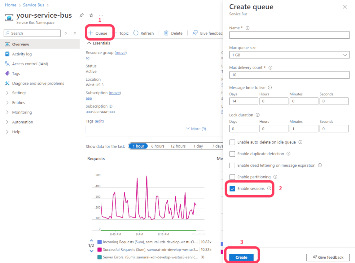 Creating the Service Bus Queue with sessions enabled via Azure Portal Creating the Service Bus Queue with sessions enabled via Azure Portal